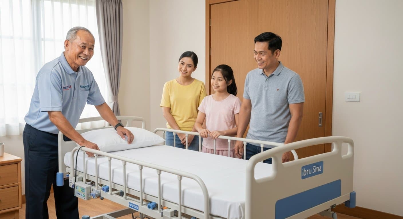 Pasukan Ibnu Sina Care memasang katil hospital di rumah pelanggan